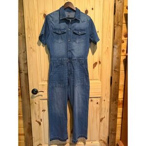Crazy Train Denim Jumpsuit Womens Medium Blue Western Short Sleeve Frayed‎ Hem M